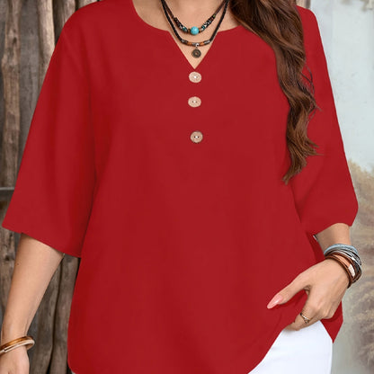 👔 LIMITED-TIME 60% RABATT! ✨ V-Neck Bluse – Leicht, Mit Knopfleiste, Geometrischem Besatz, Vielseitig 🍂