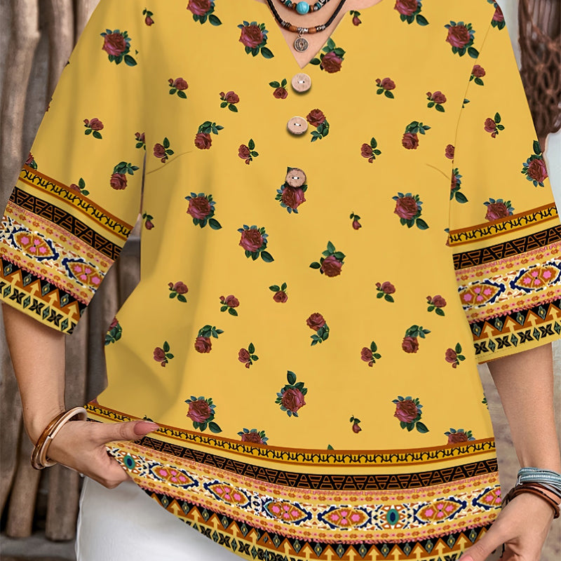 👔 LIMITED-TIME 60% RABATT! ✨ V-Neck Bluse – Leicht, Mit Knopfleiste, Geometrischem Besatz, Vielseitig 🍂