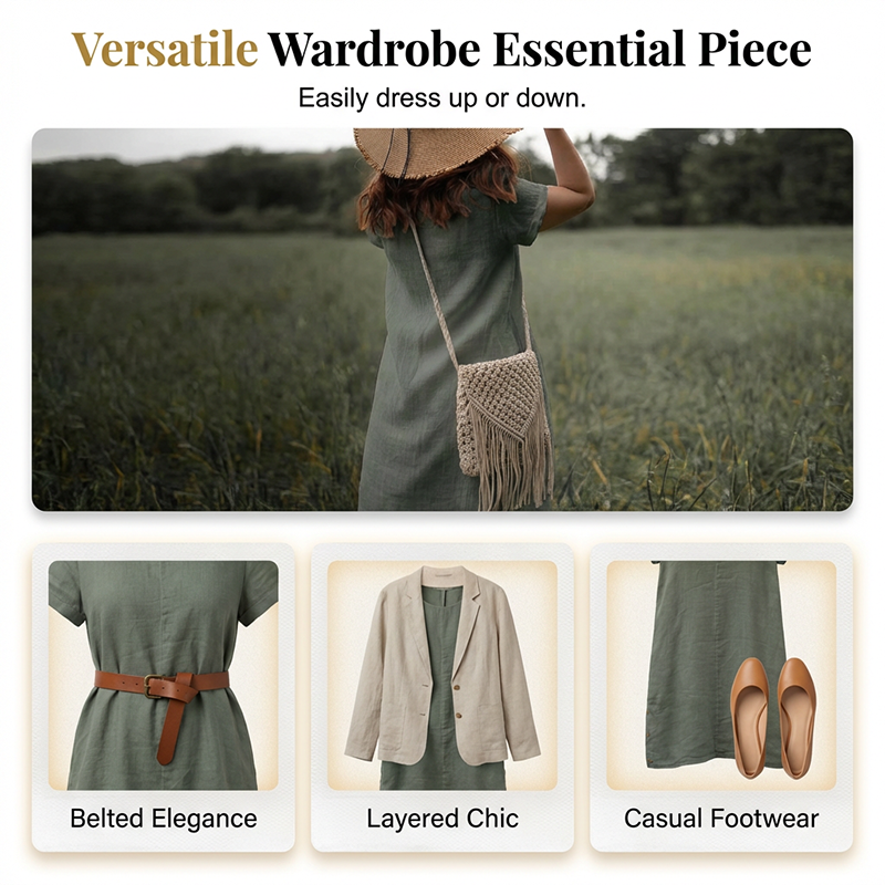 Damen Casual Leinen-Baumwollkleid mit Taschen