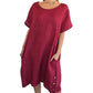 Damen Casual Leinen-Baumwollkleid mit Taschen