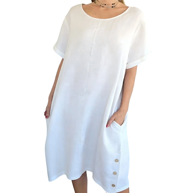Damen Casual Leinen-Baumwollkleid mit Taschen