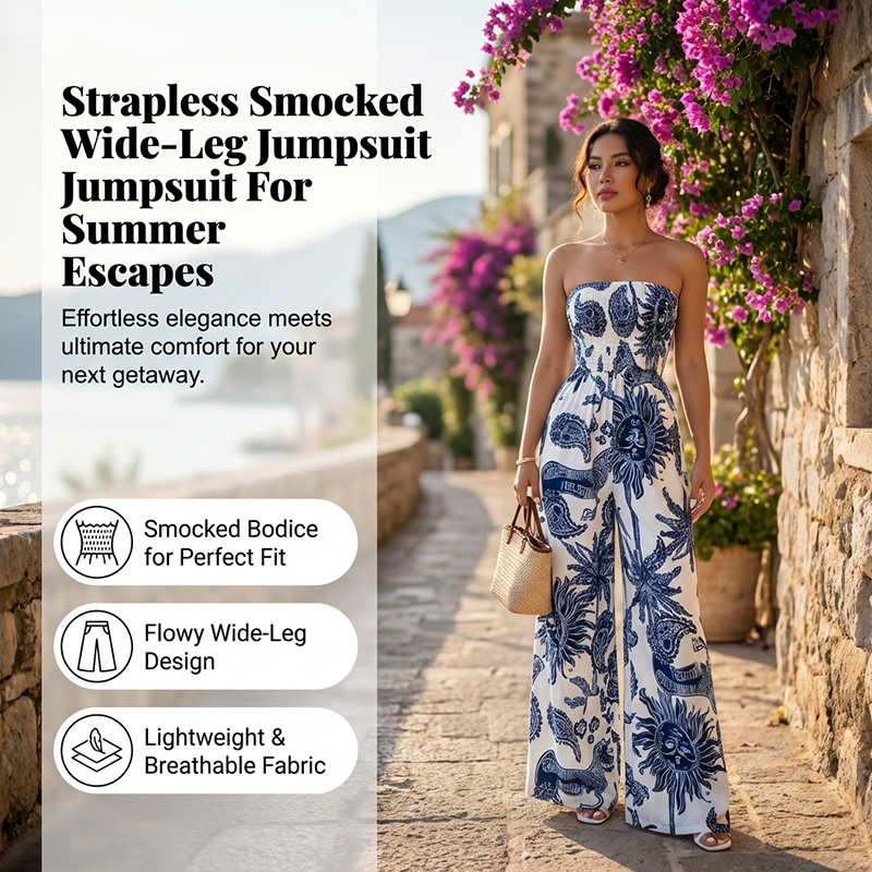 👗💃 Trägerloses Jumpsuit mit Smok-Oberteil & Weitem Bein – Bequeme Passform, Eleganter Stil & Perfekt Für Den Sommer ☀️