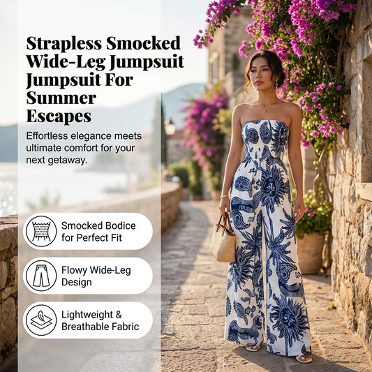 👗💃 Trägerloses Jumpsuit mit Smok-Oberteil & Weitem Bein – Bequeme Passform, Eleganter Stil & Perfekt Für Den Sommer ☀️