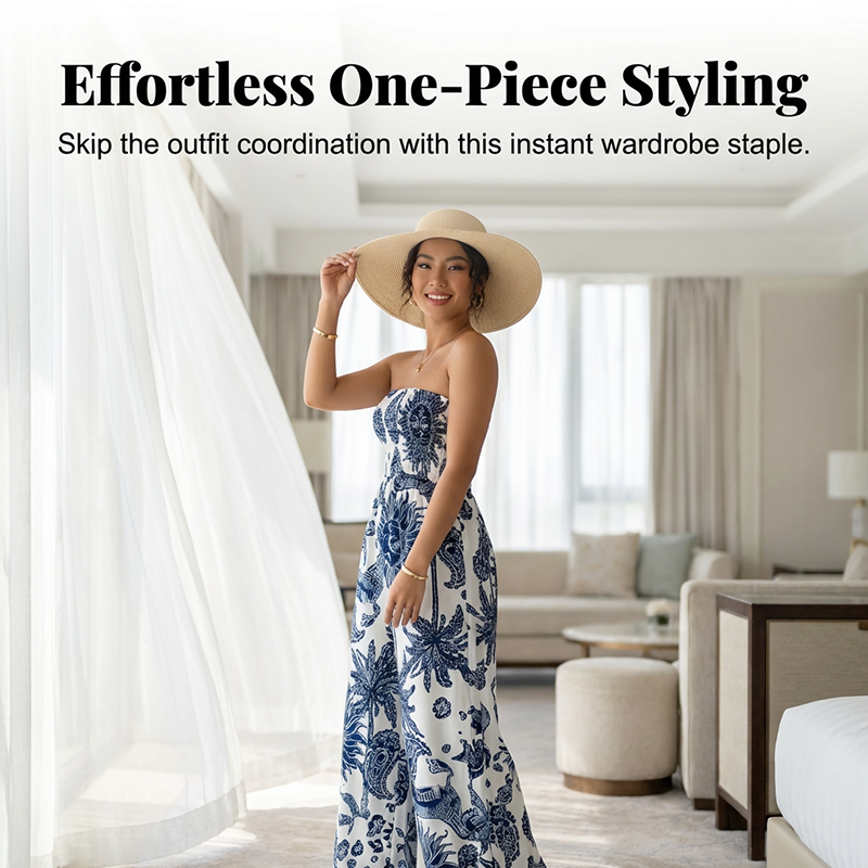 👗💃 Trägerloses Jumpsuit mit Smok-Oberteil & Weitem Bein – Bequeme Passform, Eleganter Stil & Perfekt Für Den Sommer ☀️
