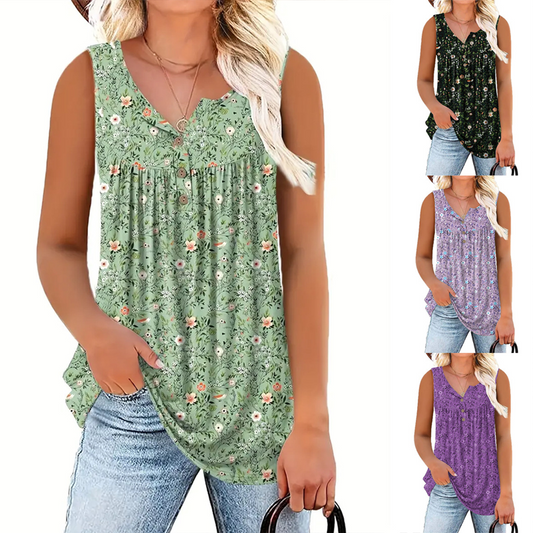 🌸 Ärmelloses Top mit Print & Knöpfen für Damen – Leichter Stoff, Lässiger Look & Perfekt Für Warme Tage ☀️