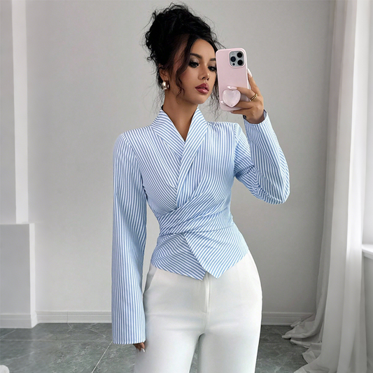 Damen-Bluse mit V-Ausschnitt, langen Ärmeln, Streifenmuster und Wickeldesign