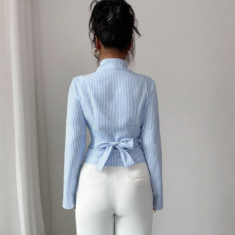 Damen-Bluse mit V-Ausschnitt, langen Ärmeln, Streifenmuster und Wickeldesign