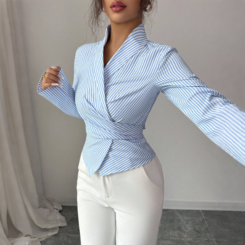Damen-Bluse mit V-Ausschnitt, langen Ärmeln, Streifenmuster und Wickeldesign