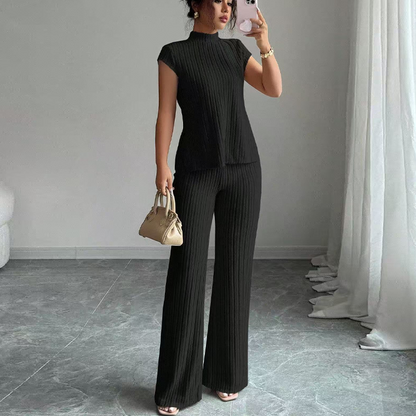 👗 JETZT 50% RABATT! 🌸 Elegantes Oberteil mit Stehkragen & weite Hosen im 2-teiligen Set – gerippte Struktur, fließende Silhouette & vielseitiger Stil ✨