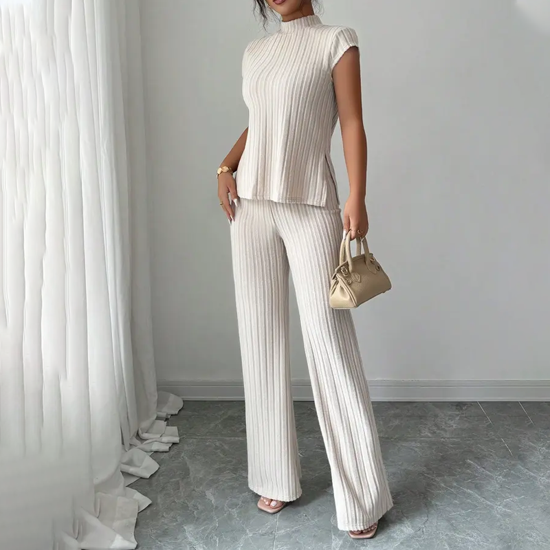 👗 JETZT 50% RABATT! 🌸 Elegantes Oberteil mit Stehkragen & weite Hosen im 2-teiligen Set – gerippte Struktur, fließende Silhouette & vielseitiger Stil ✨
