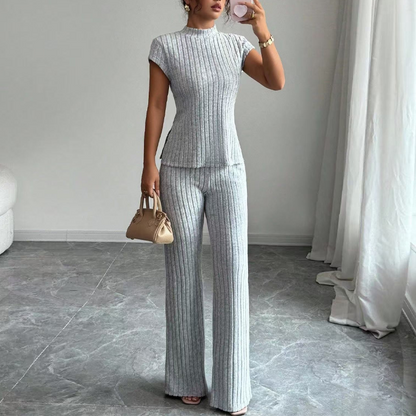 👗 JETZT 50% RABATT! 🌸 Elegantes Oberteil mit Stehkragen & weite Hosen im 2-teiligen Set – gerippte Struktur, fließende Silhouette & vielseitiger Stil ✨