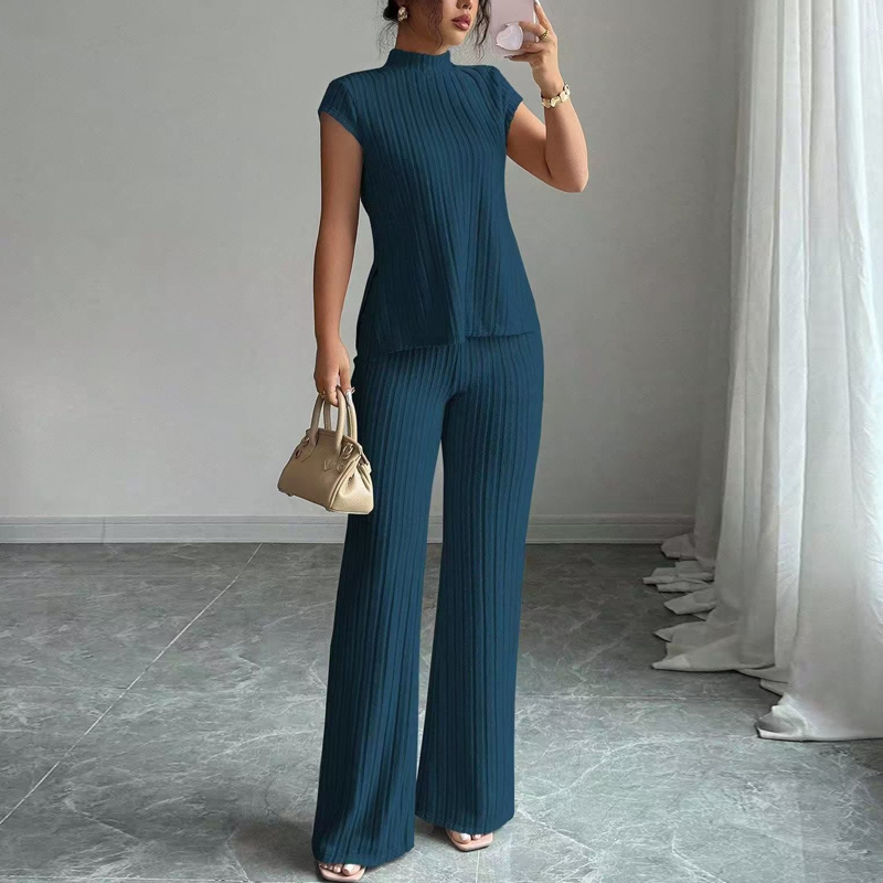 👗 JETZT 50% RABATT! 🌸 Elegantes Oberteil mit Stehkragen & weite Hosen im 2-teiligen Set – gerippte Struktur, fließende Silhouette & vielseitiger Stil ✨