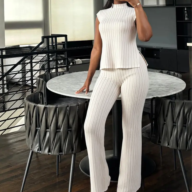 👗 JETZT 50% RABATT! 🌸 Elegantes Oberteil mit Stehkragen & weite Hosen im 2-teiligen Set – gerippte Struktur, fließende Silhouette & vielseitiger Stil ✨