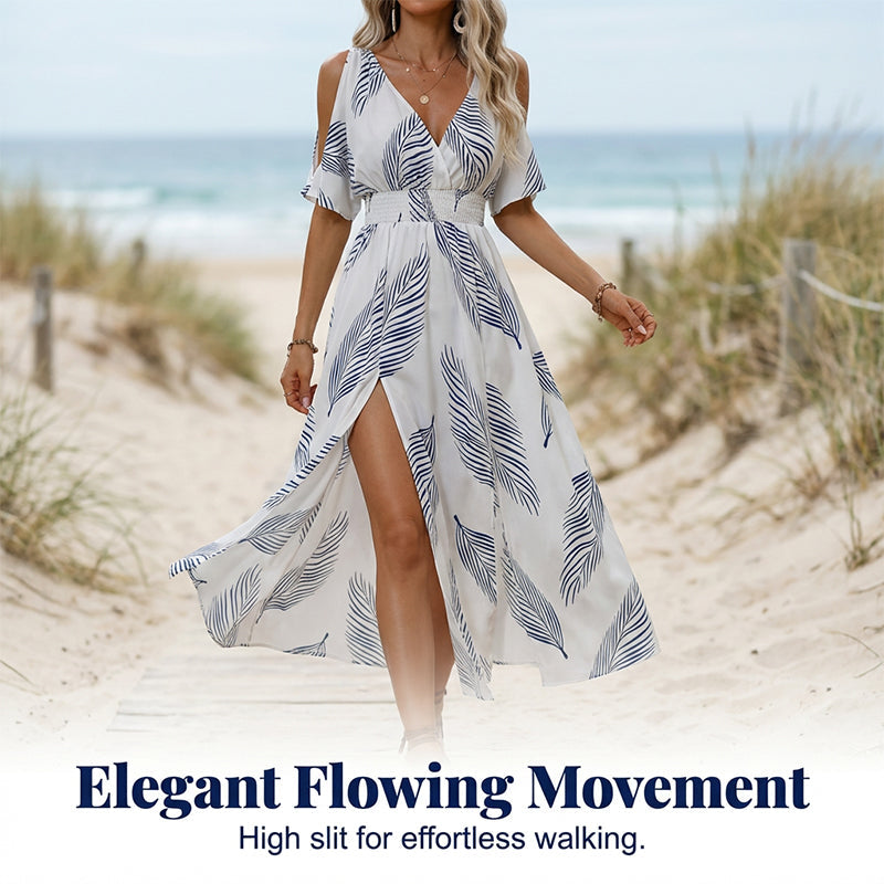 🌺 Neu eingetroffen! Tropisches Maxikleid | V-Ausschnitt + Cold-Shoulder + Gummizug-Taille – Leicht & atmungsaktiv ☀️👗