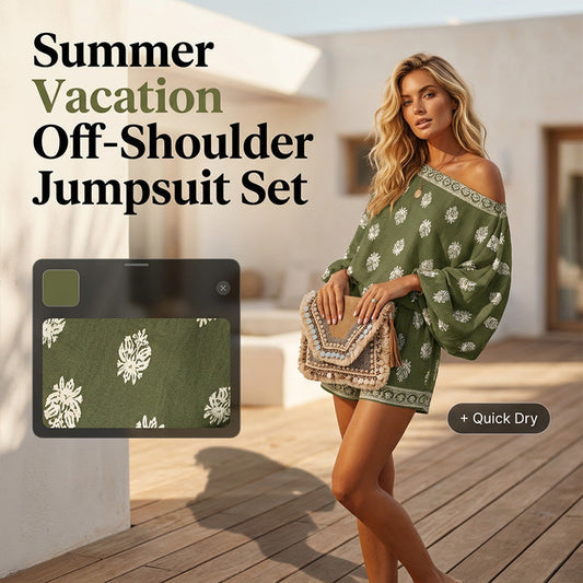 👗 50% RABATT! 🌸 Bohème Jumpsuit-Set mit Off-Shoulder & Vintage-Print – Sommer-Traum – Fließend, luftig & perfekt für Festivals, Strand oder warme Urlaubsnächte ☀️