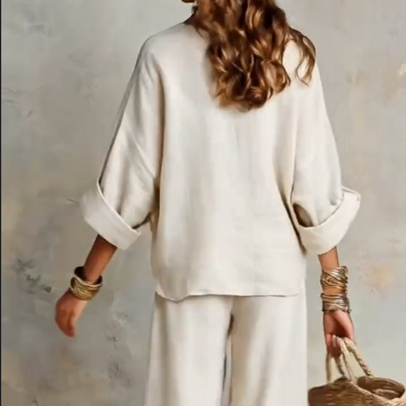 ✨🔥2-teiliges Set aus Damen-Top mit V-Ausschnitt und Hose mit weitem Bein
