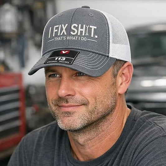 Mesh-Rücken-Trucker-Cap mit „I Fix Shit“-Stickerei – Atmungsaktive Outdoor-Sonnenmütze🧢☀️