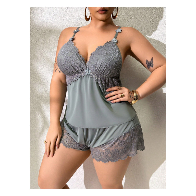 🥳HEISSER VERKAUF 2026🥳💞ÜBER 50.000 VERKAUFT!👗🌸Pyjama-Set aus Top und Shorts mit Spitzenbesatz – Weicher, satinartiger Stoff, verstellbare Träger und V-Ausschnitt.