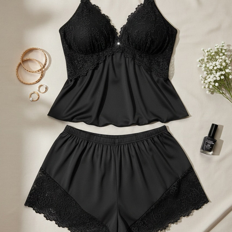 🥳HEISSER VERKAUF 2026🥳💞ÜBER 50.000 VERKAUFT!👗🌸Pyjama-Set aus Top und Shorts mit Spitzenbesatz – Weicher, satinartiger Stoff, verstellbare Träger und V-Ausschnitt.