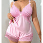 🥳HEISSER VERKAUF 2026🥳💞ÜBER 50.000 VERKAUFT!👗🌸Pyjama-Set aus Top und Shorts mit Spitzenbesatz – Weicher, satinartiger Stoff, verstellbare Träger und V-Ausschnitt.