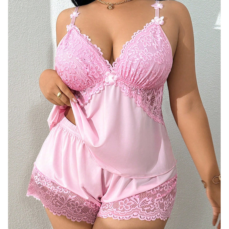 🥳HEISSER VERKAUF 2026🥳💞ÜBER 50.000 VERKAUFT!👗🌸Pyjama-Set aus Top und Shorts mit Spitzenbesatz – Weicher, satinartiger Stoff, verstellbare Träger und V-Ausschnitt.