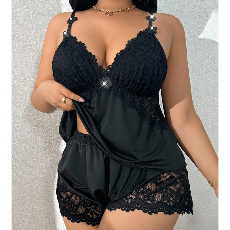 🥳HEISSER VERKAUF 2026🥳💞ÜBER 50.000 VERKAUFT!👗🌸Pyjama-Set aus Top und Shorts mit Spitzenbesatz – Weicher, satinartiger Stoff, verstellbare Träger und V-Ausschnitt.