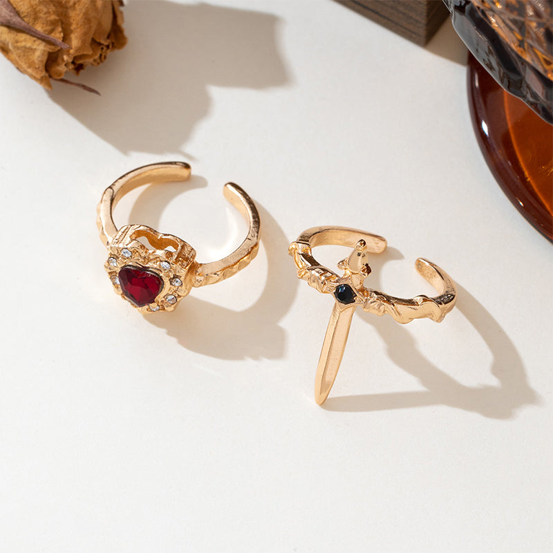 Vintage verstellbares Schwert-durchsticht-Herz-Ring-Set