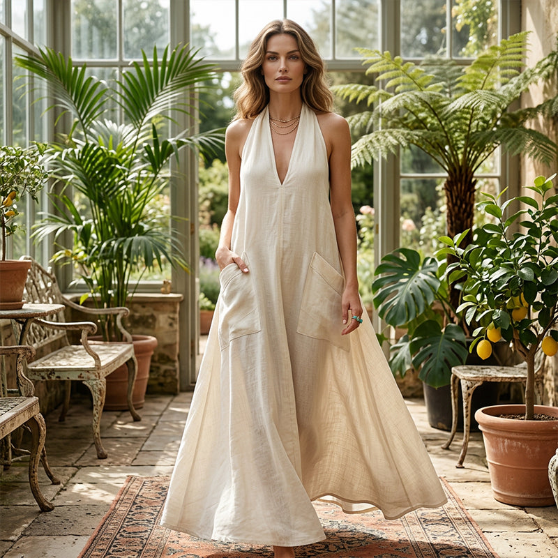 👗🌸 50% RABATT! Lässiges Midikleid mit Neckholder und V-Ausschnitt für Damen – Leicht, sommerlich & perfekt für besondere Anlässe ✨