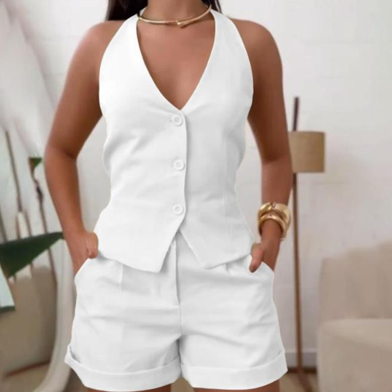 👚🌸 ZUM HALBEN PREIS! Damen Sommer 2-teiliges Set – Halter-Top + hochtaillierte weite Shorts – Weich & atmungsaktiv – Perfekt für Büro & Alltag 🏢✨