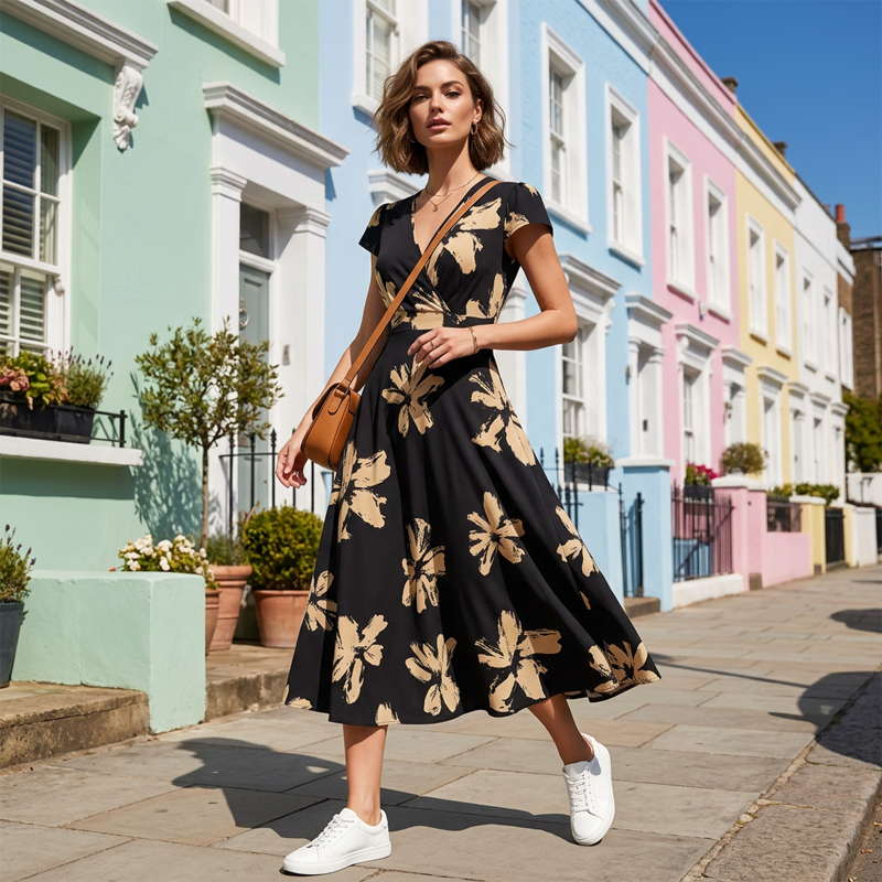 👗 50% RABATT! 🌺 Damen Freizeitkleid mit Print, V-Ausschnitt & Rüschen – Leichter Stoff, Romantischer Stil & Perfekt Für Warme Tage ☀️