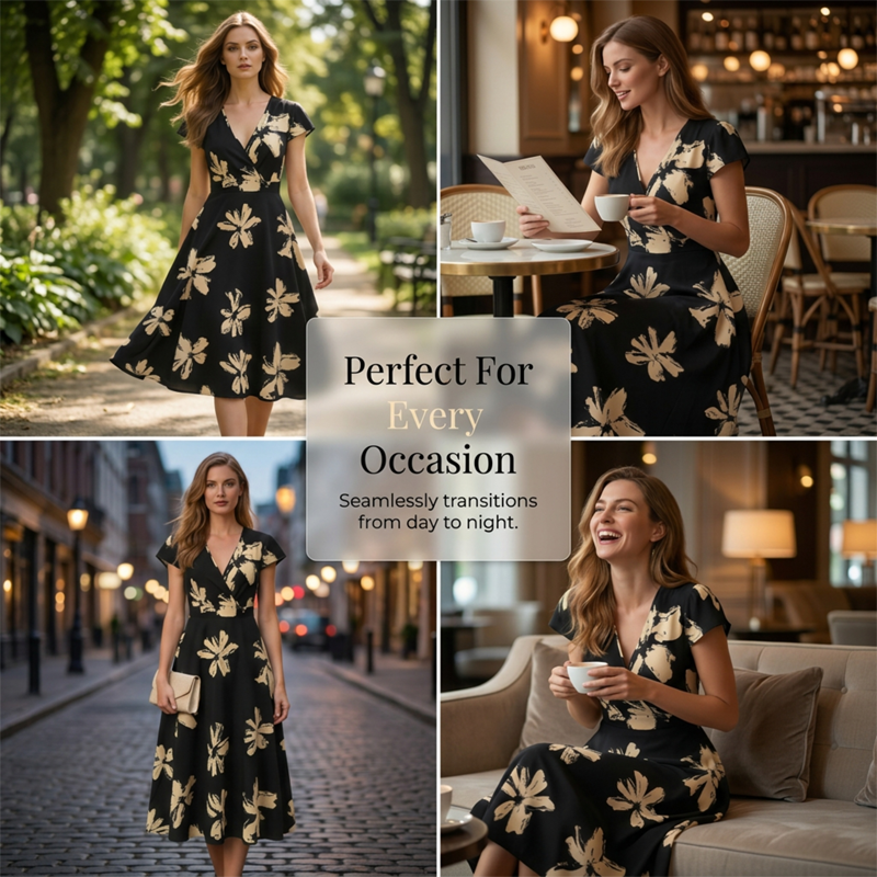 👗 50% RABATT! 🌺 Damen Freizeitkleid mit Print, V-Ausschnitt & Rüschen – Leichter Stoff, Romantischer Stil & Perfekt Für Warme Tage ☀️