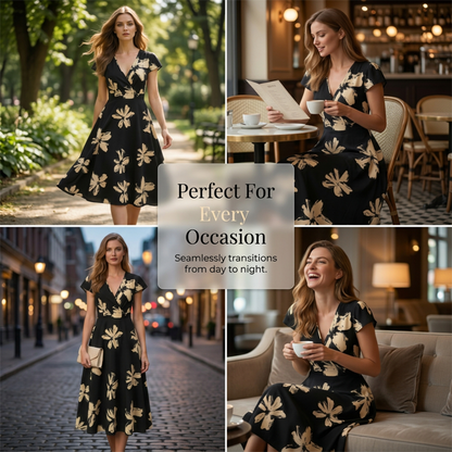 👗 50% RABATT! 🌺 Damen Freizeitkleid mit Print, V-Ausschnitt & Rüschen – Leichter Stoff, Romantischer Stil & Perfekt Für Warme Tage ☀️