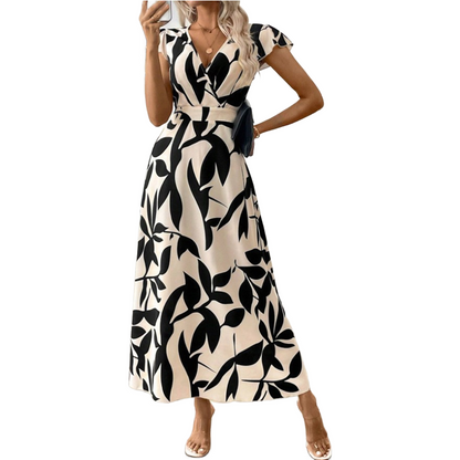 👗 50% RABATT! 🌺 Damen Freizeitkleid mit Print, V-Ausschnitt & Rüschen – Leichter Stoff, Romantischer Stil & Perfekt Für Warme Tage ☀️