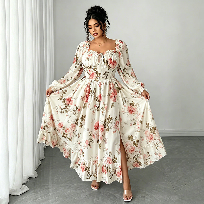 👗Maxikleid mit floralem Print, eckigem Ausschnitt und langen Ärmeln
