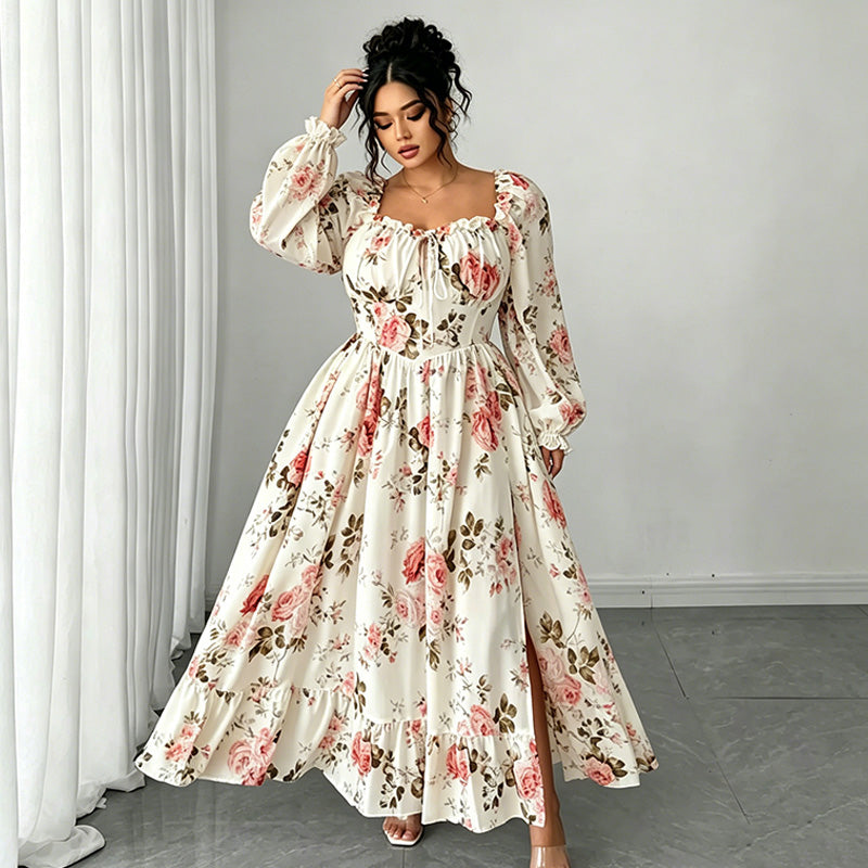 👗Maxikleid mit floralem Print, eckigem Ausschnitt und langen Ärmeln