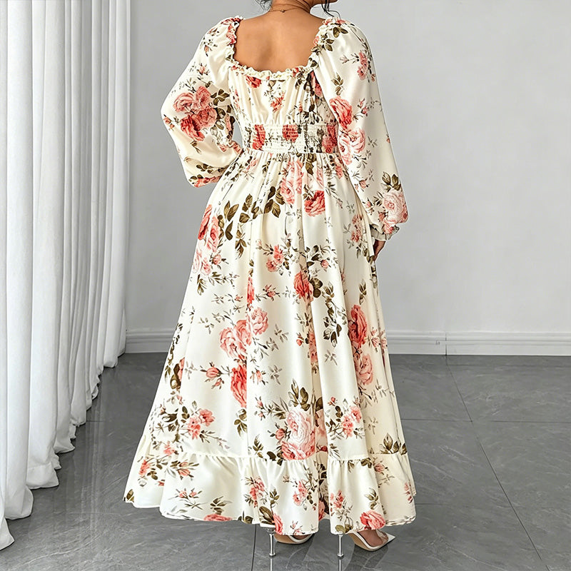 👗Maxikleid mit floralem Print, eckigem Ausschnitt und langen Ärmeln