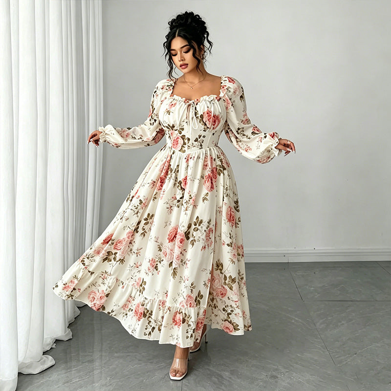 👗Maxikleid mit floralem Print, eckigem Ausschnitt und langen Ärmeln