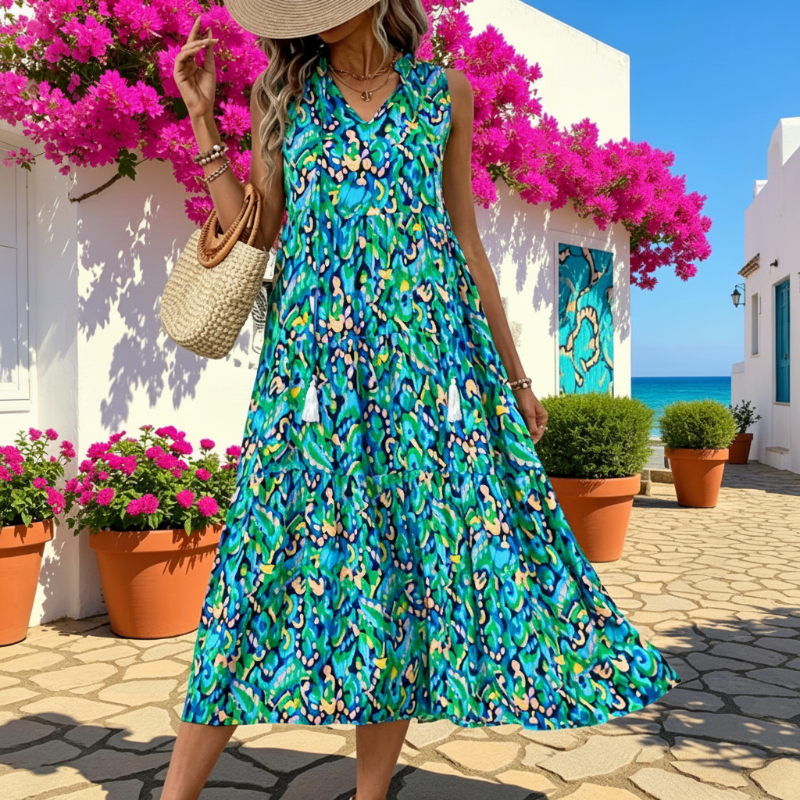 Ärmelloses, gestuftes Midikleid mit abstraktem Print für Damen