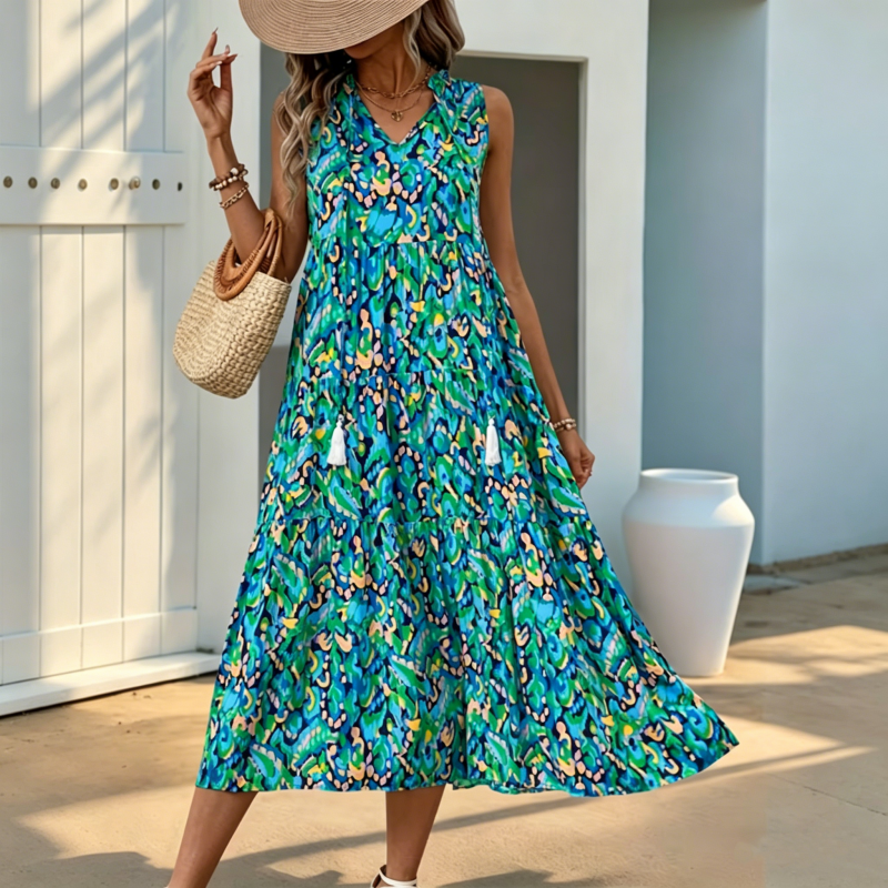 Ärmelloses, gestuftes Midikleid mit abstraktem Print für Damen