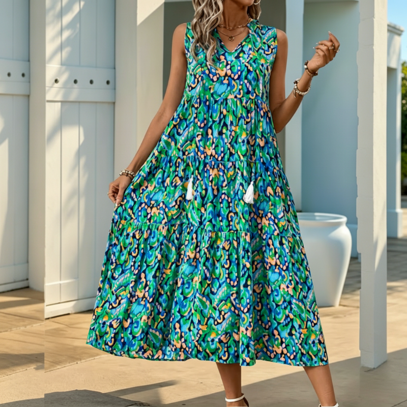 Ärmelloses, gestuftes Midikleid mit abstraktem Print für Damen