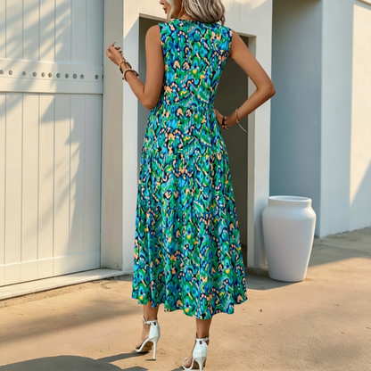 Ärmelloses, gestuftes Midikleid mit abstraktem Print für Damen