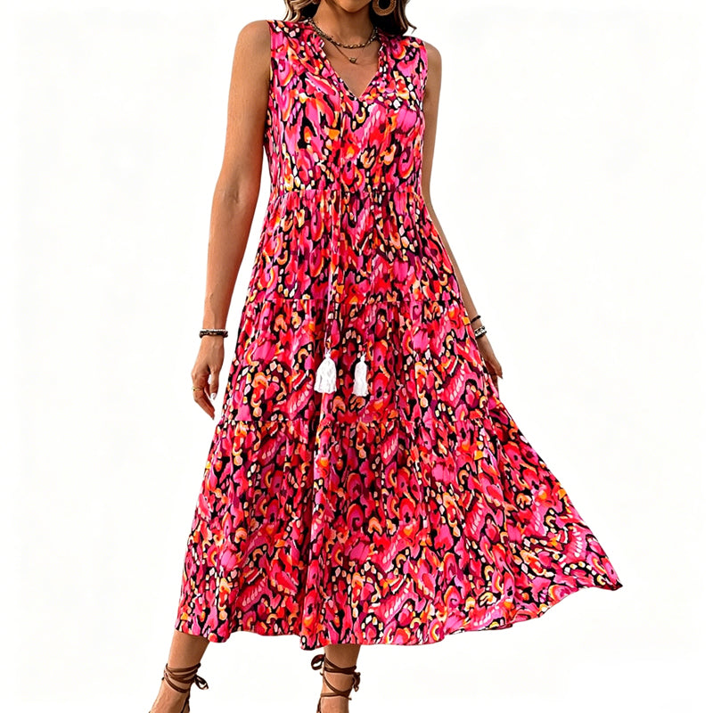 Ärmelloses, gestuftes Midikleid mit abstraktem Print für Damen