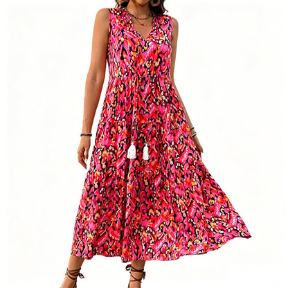 Ärmelloses, gestuftes Midikleid mit abstraktem Print für Damen