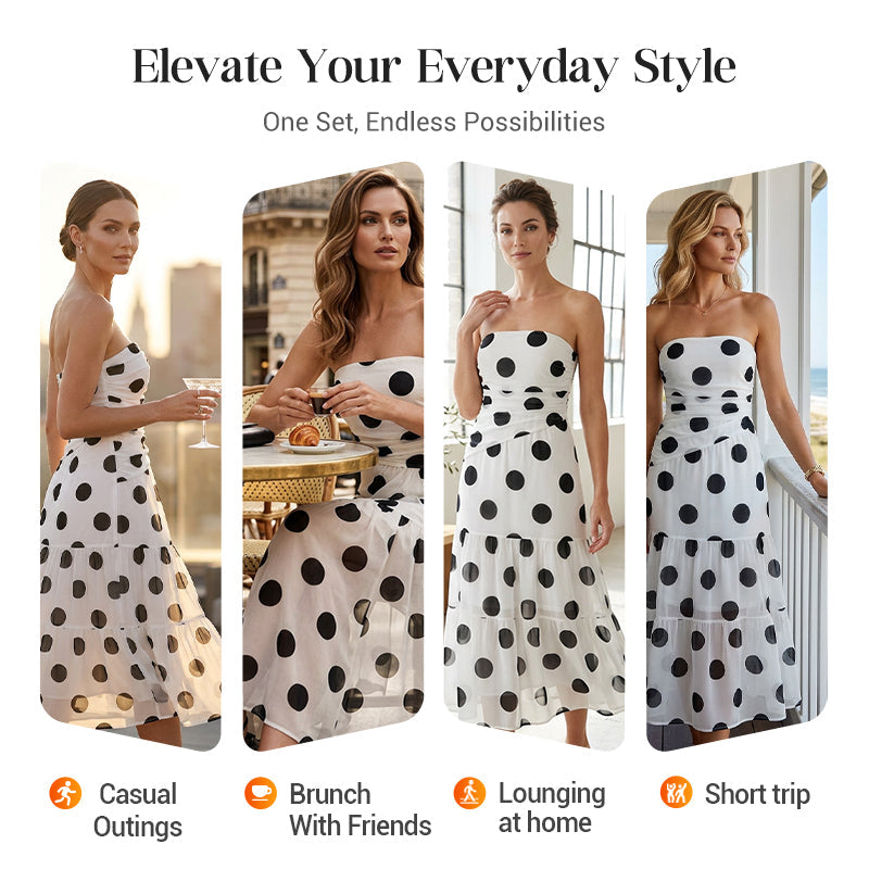 👗 50% RABATT+Kostenlose Kette dazu+Versandkostenfrei! ✨ Elegantes Trägerloses Tupfen-Stufenkleid – Fließender Stoff, Schmeichelhafter Schnitt & Perfekt Für Einen Romantischen Sommerlook ☀️