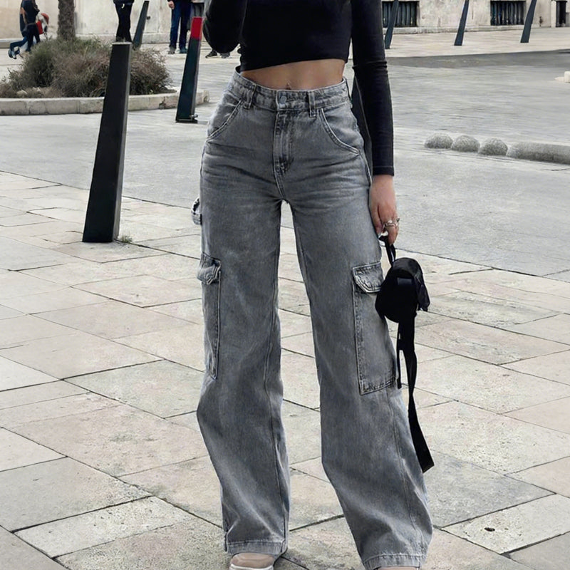 👖 ZEITLICH BEGRENZT 50% RABATT! ✨ Damen Cargo-Jeans aus Denim – Weites Bein, Hohe Taille, Viele Taschen, Stretch ✨