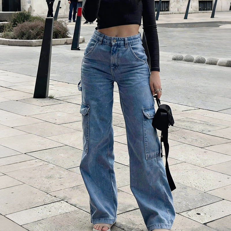 👖 ZEITLICH BEGRENZT 50% RABATT! ✨ Damen Cargo-Jeans aus Denim – Weites Bein, Hohe Taille, Viele Taschen, Stretch ✨