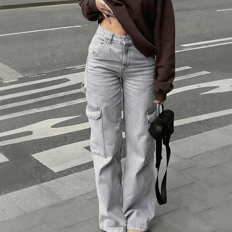 👖 ZEITLICH BEGRENZT 50% RABATT! ✨ Damen Cargo-Jeans aus Denim – Weites Bein, Hohe Taille, Viele Taschen, Stretch ✨