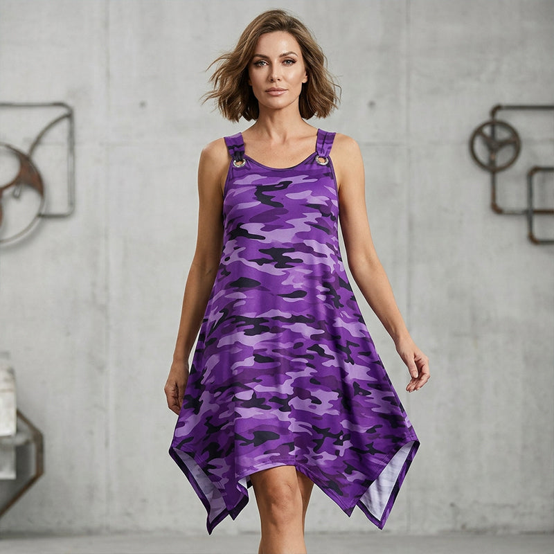 👗 50% RABATT! 🌿 Damen ärmelloses Kleid mit asymmetrischem Saum im Camouflage-Look – Locker, frech & perfekt für einen lässigen Streetwear-Look ✨