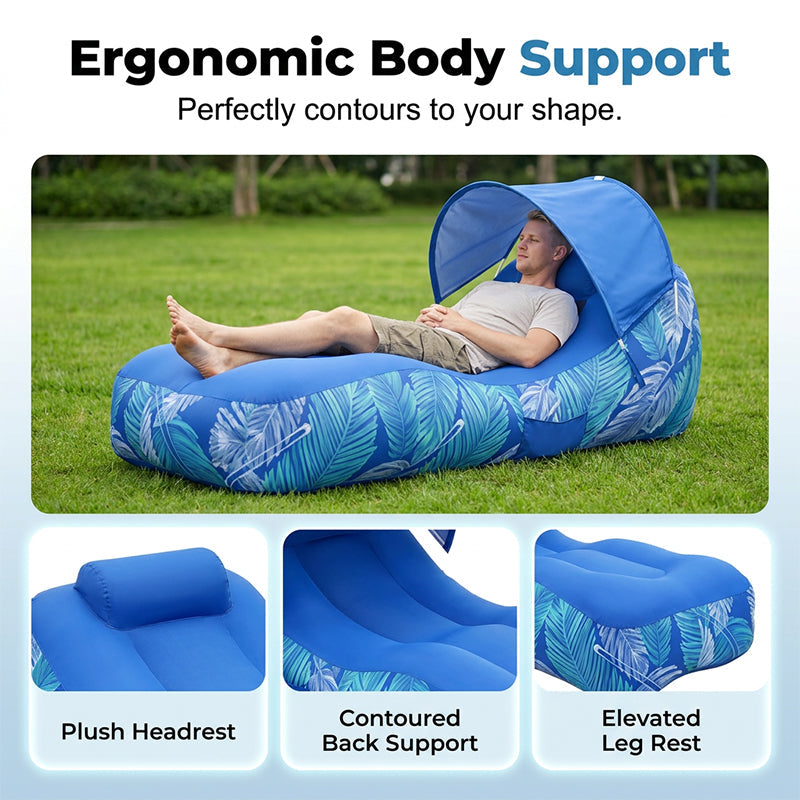 ☀️ Aufblasbarer Strandliege-Luftsessel mit Sonnenschutz – Leicht, kompakt & perfekt für Strand, Pool oder Camping 🌊