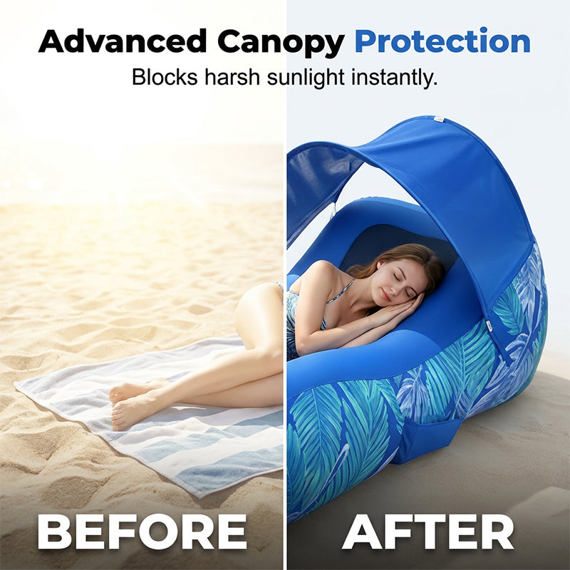 ☀️ Aufblasbarer Strandliege-Luftsessel mit Sonnenschutz – Leicht, kompakt & perfekt für Strand, Pool oder Camping 🌊